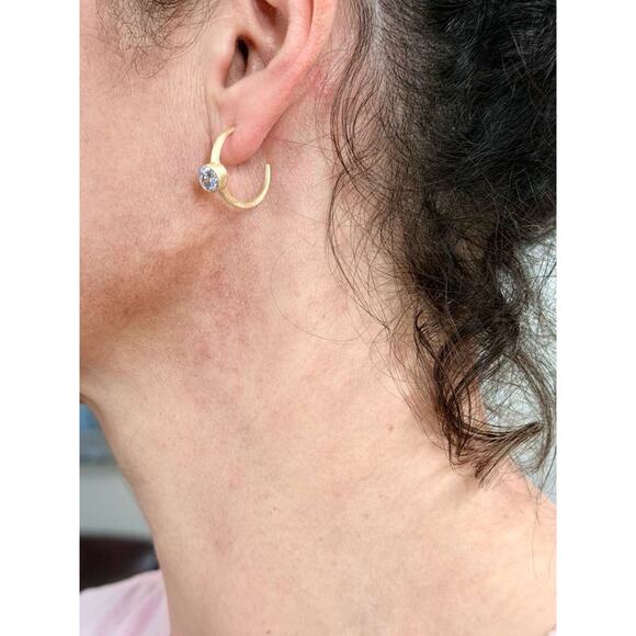 Gold Over 925 Sterling Silver Open Hoop CZ Earrings Solitaire Pushback - Picture 5 of 11